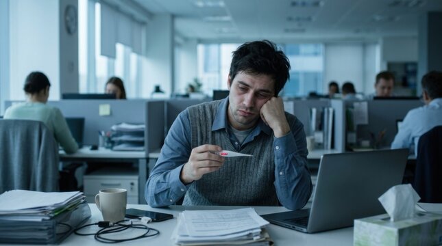 Sick Office Worker Feeling Unwell While Working At Desk