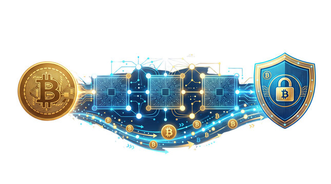 Cryptocurrency blockchain security concept, golden bitcoin with digital data network, secure crypto wallet protection with shield and padlock icon isolated PNG with Transparent Background