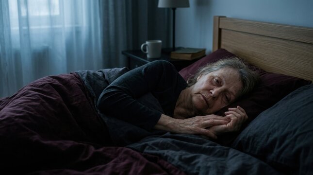 Senior Woman Lying Awake In Dark Bedroom At Night