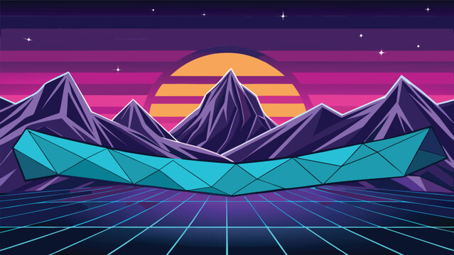 Retro eighties style mountain landscape with geometric polygon shape and sunset mountain landscape synthwave retrowave geometric futuristic vaporwave eighties abstract background cyberpunk