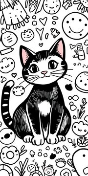 Whimsical black and white doodle cat background with playful illustrations, creative, white