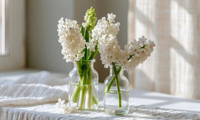 Fototapeta premium White Hyacinth Flowers in Glass Vases 