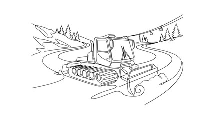 Fototapeta premium Snow groomer tractor on ski slope, continuous line art, winter mountain landscape, ski lift.