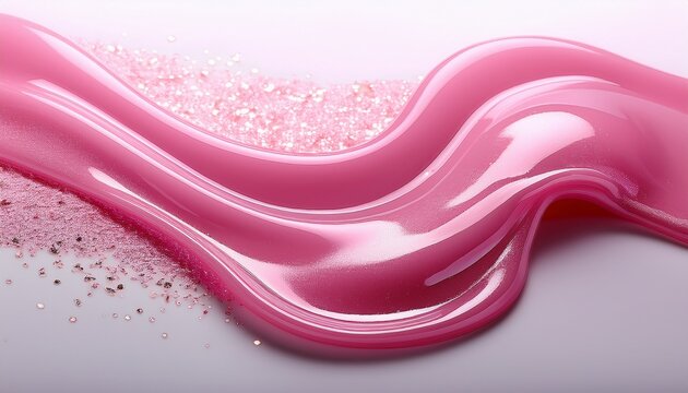 Glossy Pink Liquid With Shimmering Particles Glows Softly It Spreads In Smooth Elegant Swaths Against Pure White Background The Texture Looks Luxurious Inviting And Highly Desirable