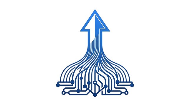 Blue technology arrow icon showing data convergence, digital growth, and network circuit integration