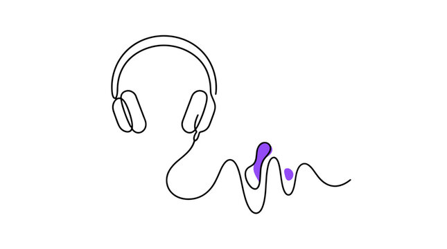 Line drawing of headphones with microphone and sound wave