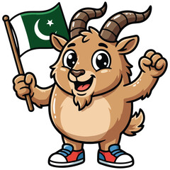 Cute Cartoon Markhor Mascot Holding Pakistan Flag and Celebrating Vector Illustration
