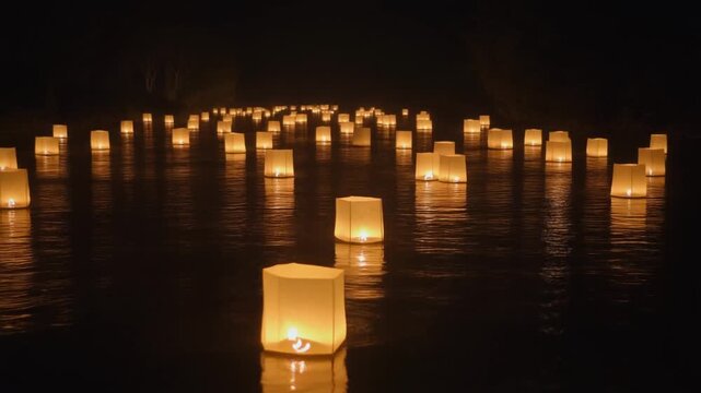 灯籠が浮かぶ夜の川の動画