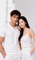 Fototapeta premium Happy couple smiling in matching white outfits against neutral background