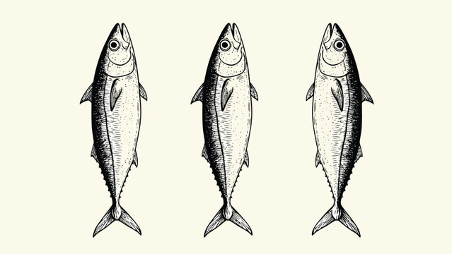 Three vintage style illustrations of mackerel fish arranged in a row on a cream background.