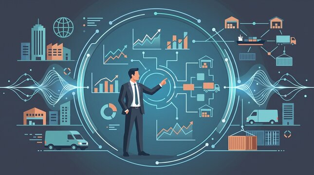 Professional analyzing digital business analytics dashboard with global logistics with depicts formal professional overseeing futuristic data driven analytics vibrant