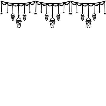 Hanging Islamic lanterns garland black line art border vector illustration for ramadan and eid decoration isolated on white background