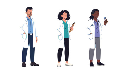 Obraz premium Diverse group of three medical professionals wearing white lab coats and standing confidently against a white background.