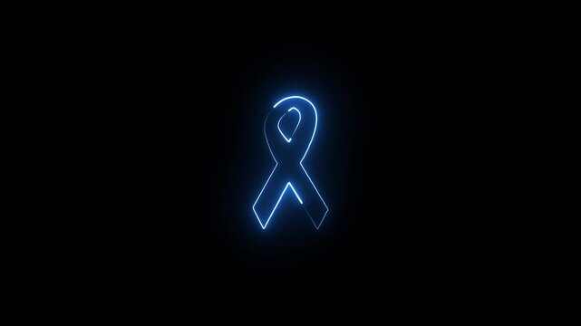 Glowing blue awareness ribbon symbol with a neon light effect on a dark black background representing health support and medical awareness