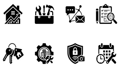 Fototapeta premium Icons Representing Home Maintenance and Repair Services with Tools and Keys Featuring House, Wrench, Hammer