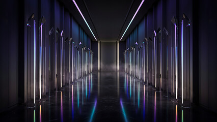 Obraz premium 3d illustration of 4k uhd sci fi tunnel with bright lights | Premium Photo