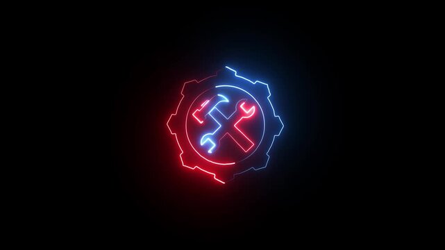 Neon glowing gear icon with crossed hammer and wrench tools symbol representing mechanical repair service and engineering maintenance industrial sign in vibrant red and blue light on black background
