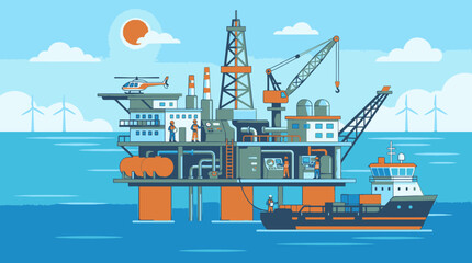 Fototapeta premium Offshore oil rig platform with helicopter and supply ship in the ocean, industrial energy extraction concept
