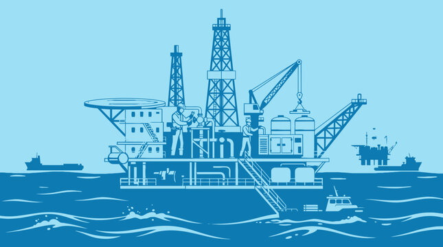 Offshore oil rig platform illustration in blue tones, depicting a large drilling structure extracting fossil fuels from the deep ocean with support vessels. Industrial energy.