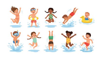 Cute children swimming vector set with diverse happy cartoon kids jumping diving splashing and floating in water pool