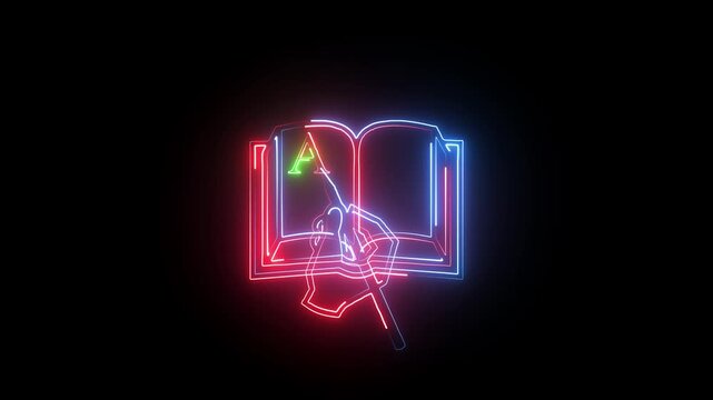 Neon light icon of an open book with a pen writing the letter a showing education and learning concept on a dark background
