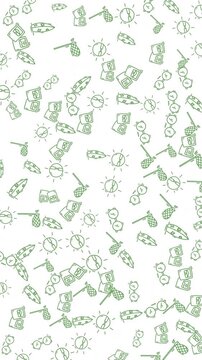 A minimalist digital pattern featuring scattered green geometric shapes against a clean white background. This abstract animation provides a modern and subtle visual texture suitable for various