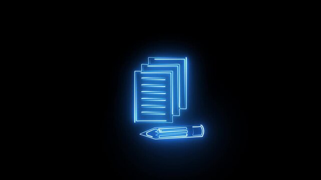 Glowing blue neon light icon of a stack of paper documents and a pencil for business writing design on a dark black background