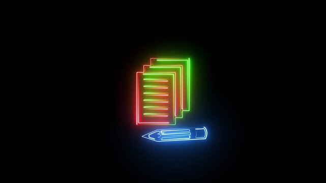 Neon glowing icon of paper documents and a pencil for editing and writing tasks on a dark black background