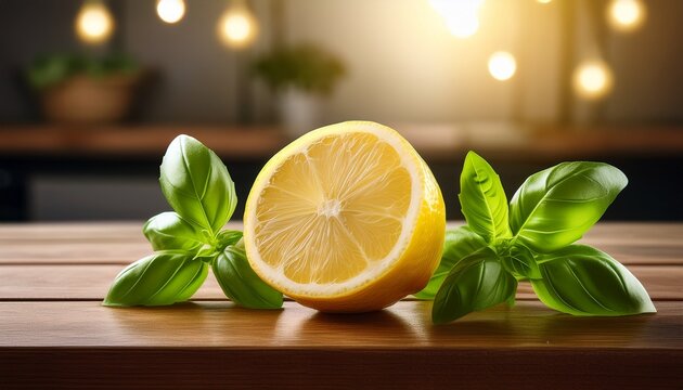 A Fresh Lemon With Green Basil Leaves On A Wooden Surface Indoors