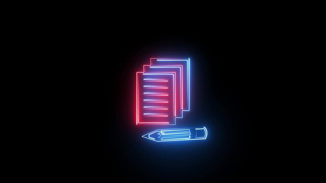 Neon sign of document sheets and pencil icon glowing in blue and red colors against a dark black background