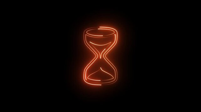 Glowing orange neon hourglass icon representing time passing and deadline concept on a black background