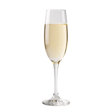 Elegant champagne flute filled with bubbling golden liquid, isolated on a white background