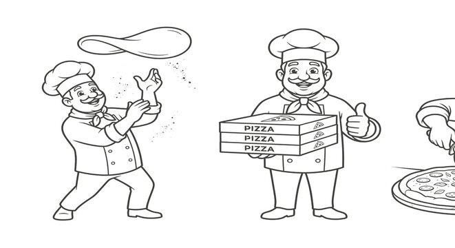Cartoon chefs making pizza in a restaurant kitchen