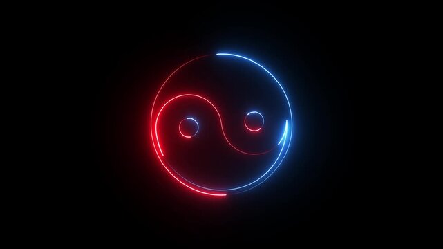 Glowing neon yin and yang symbol with red and blue light lines on a dark black background representing balance and harmony in modern digital art style for spiritual or tech design concepts