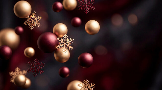 Luxury Christmas background with floating matte gold and burgundy baubles and elegant snowflakes, winter holiday banner with copy space
