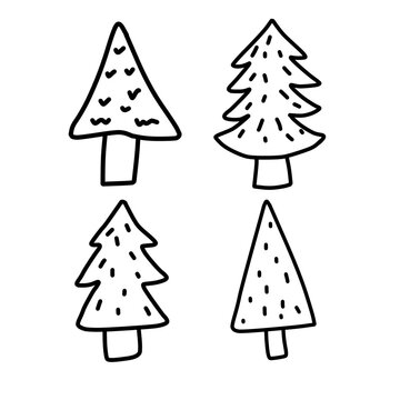 Hand-Drawn Black and White Pine Trees Doodle Set, Evergreen Tree Line Art