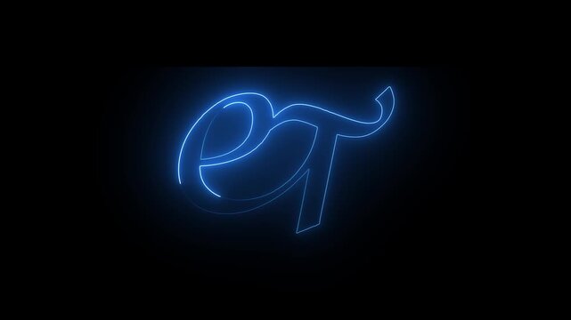 Glowing blue neon letters e and t connected in a cursive handwritten style isolated on a dark black background representing modern technology and digital signage design