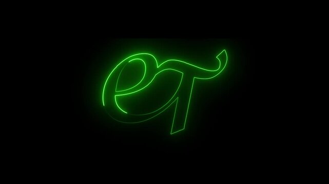 Bright green neon glowing letters e and t shaped as a stylish monogram logo design isolated on a dark black background