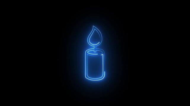 A glowing blue neon candle icon with a bright flame isolated on a dark black background representing peace and relaxation for home decor and spiritual meditation concepts
