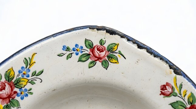 Traditional vintage Indonesian enamel plate with hand-painted floral rose motifs and rustic chipped edges