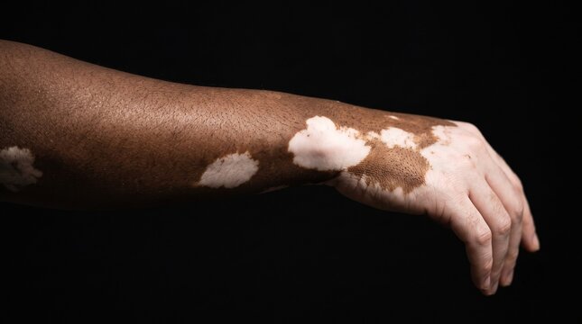 Close up of human arm and hand showing vitiligo skin depigmentation