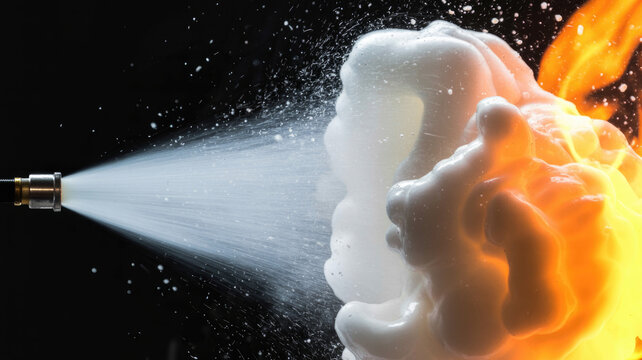 Pressurized white firefighting foam extinguishing intense orange flames against dark background with suppression