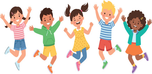 Group of Diverse Happy Cartoon Children Jumping and Celebrating Together with Raised Hands Representing Joy, Friendship, and Active Childhood Fun Vector Illustration
