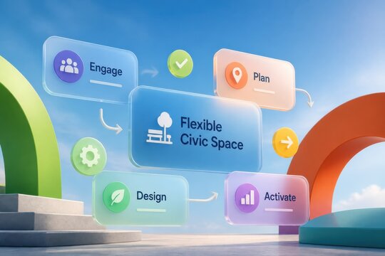 Flexible civic space concept with engage plan design and activate stages