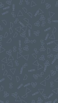 A seamless abstract pattern displaying subtle outlines of festive winter shapes, including snowflakes, triangles, and candy canes, against a dark blue-grey backdrop. Ideal for modern holiday