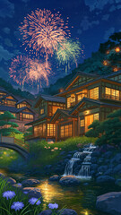Obraz premium 窓明かりがともる古民家と夜空いっぱいの花火を描いた風景イラスト、夏祭り、花火大会、日本家屋、和風旅館、温泉街、山里、里山、田舎、伝統建築、木造建築、瓦屋根、格子窓、障子、縁側、庭木、石段、樹木、夜景、幻想的、情緒、風情、観光、旅行、帰省、夏休み、背景素材、ポスター、バナー、広告、挨拶状、ノスタルジー、夜の旅情、和風背景、地域観光、季節行事、日本文化、ふるさと、宿泊施設、温泉旅行、家族旅行、風景素材