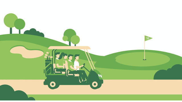 Diverse group of friends enjoying a sunny day playing golf in a golf cart on a green course.