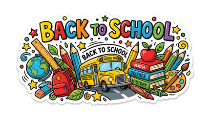 Fototapeta premium Vibrant back to school illustration featuring a yellow bus, books, pencils, and a globe, celebrating the start