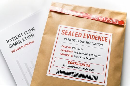Sealed evidence envelope with patient flow simulation executive briefing