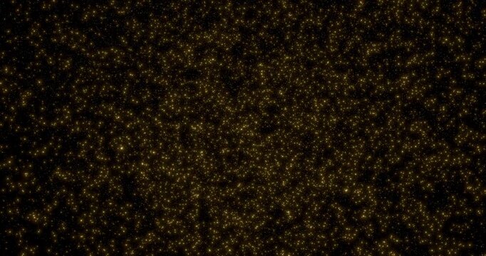 Glittering gold particle flying in black background. Sparkling turbulence glow effect. 4K 3D rendering animation.
